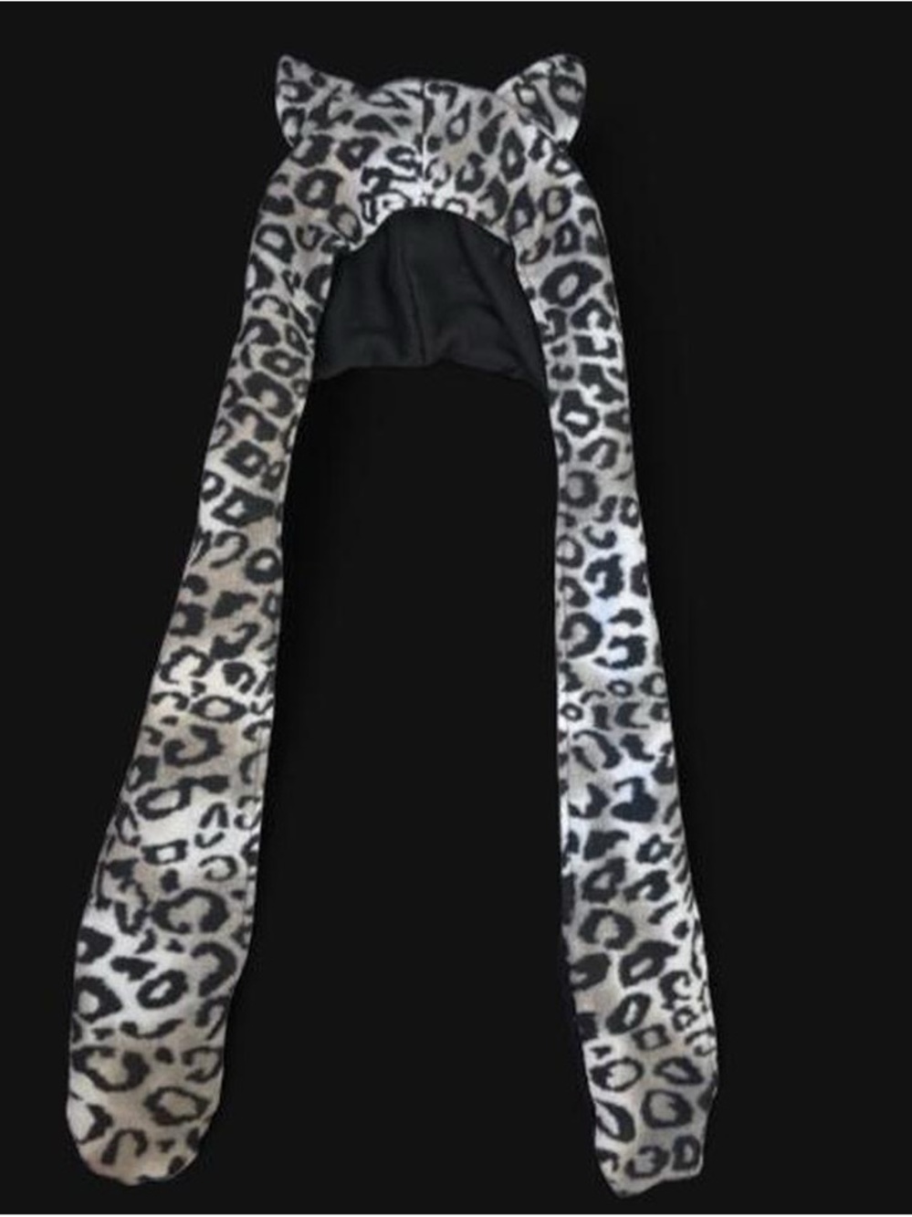RARE vtg y2k fleece gray white black Leopard print cat ears hoodie beanie scarf
